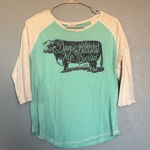 Mint Green & Cream 3/4 Sleeve Tee “Don’t Bullshit Me, Darlin’”